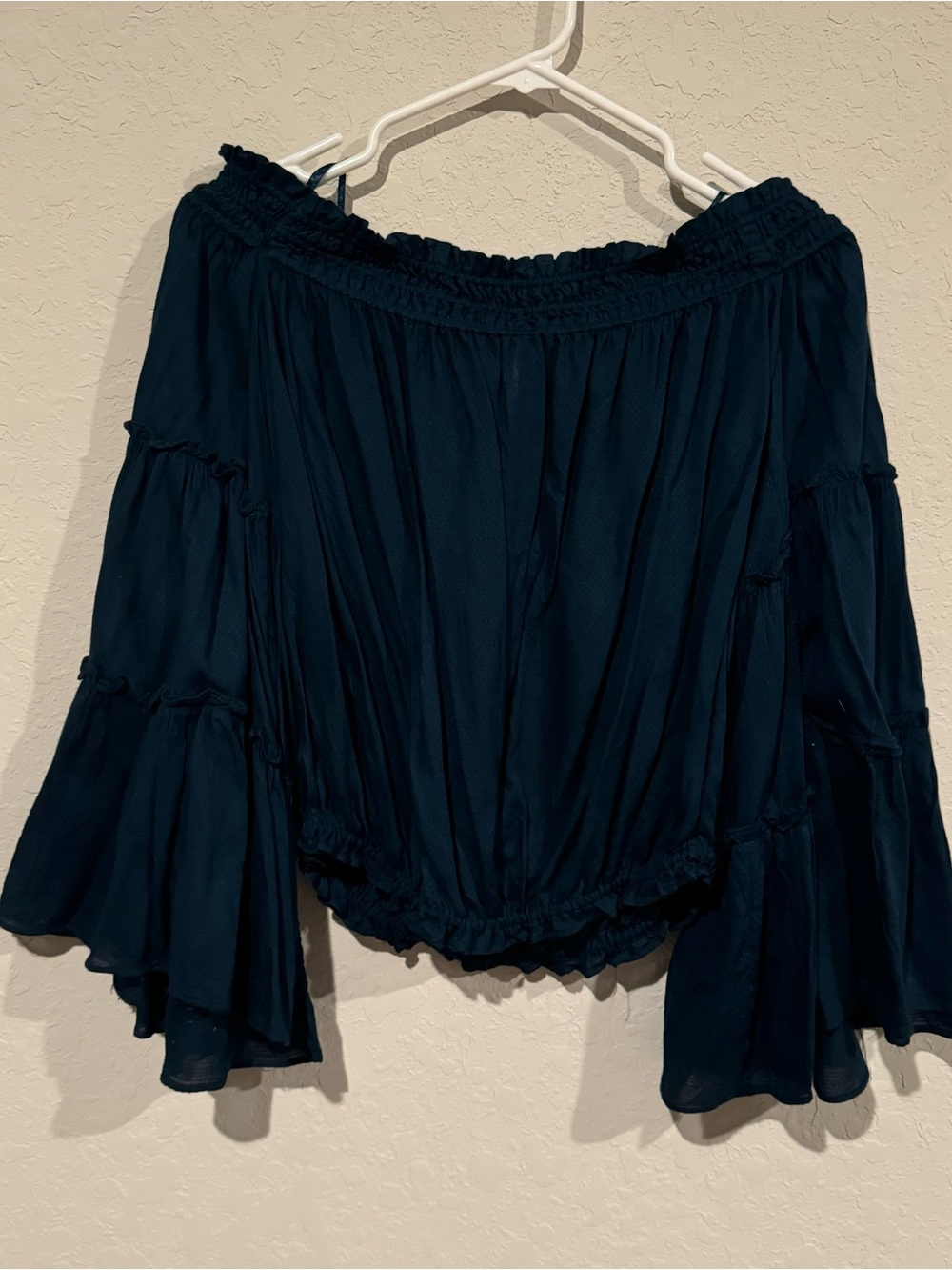 Free People Navy Off-Shoulder Bell Sleeve Blouse